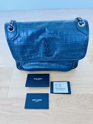 Saint Laurent Niki Medium Shoulder Bag Stamped Croc Dark Blue Navy