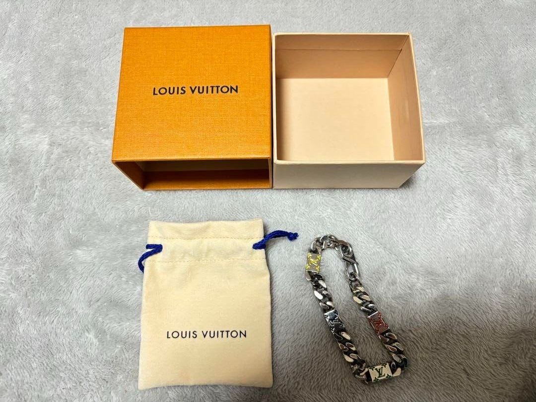 Louis Vuitton M1409L Silver Multicolor LV Chain Bracelet 22cm Mens