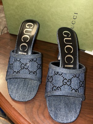 Gucci GG Denim Open Toe Heel Slide Logo Sandals, 36 | eBay