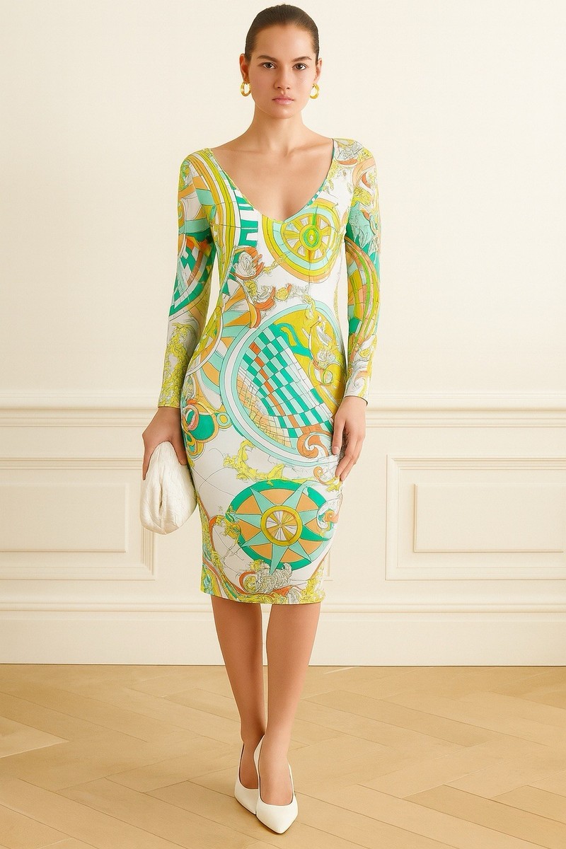 EMILIO PUCCI V-Neck Abstract Print Long Sleeve Shift Mini Dress