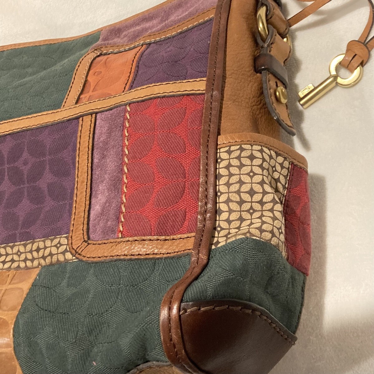 Fossil Vintage Leather Suede Patchwork Bag Handbag Key Hang Fob
