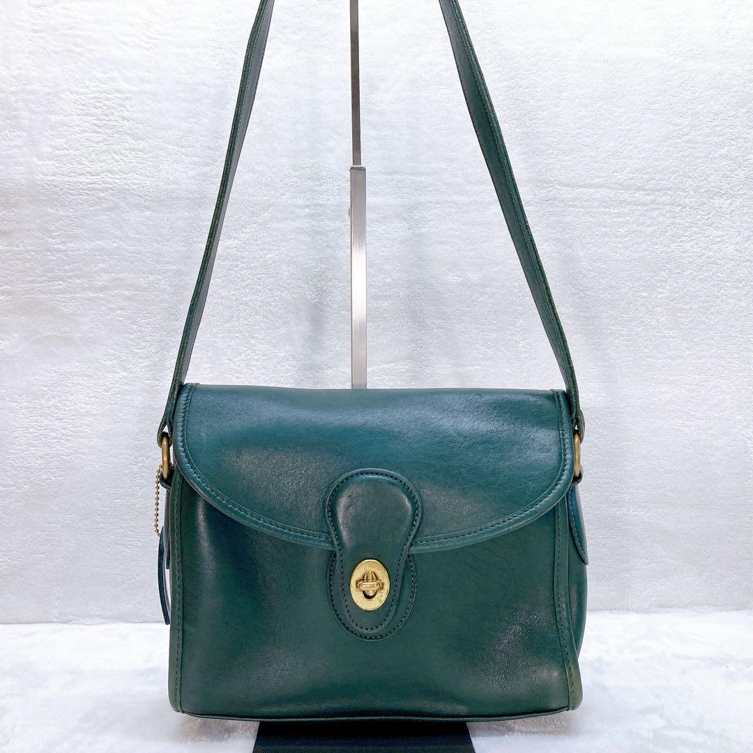 OLD COACH Shoulder Bag Vintage Green Leather Turn Lock Made in USA