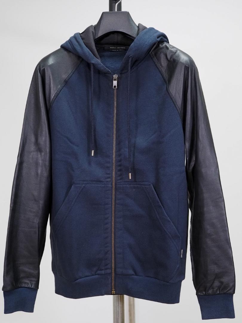 Marc Jacobs 11AW Docking Cotton Zip Hoodie Leather Sleeve XS Navy