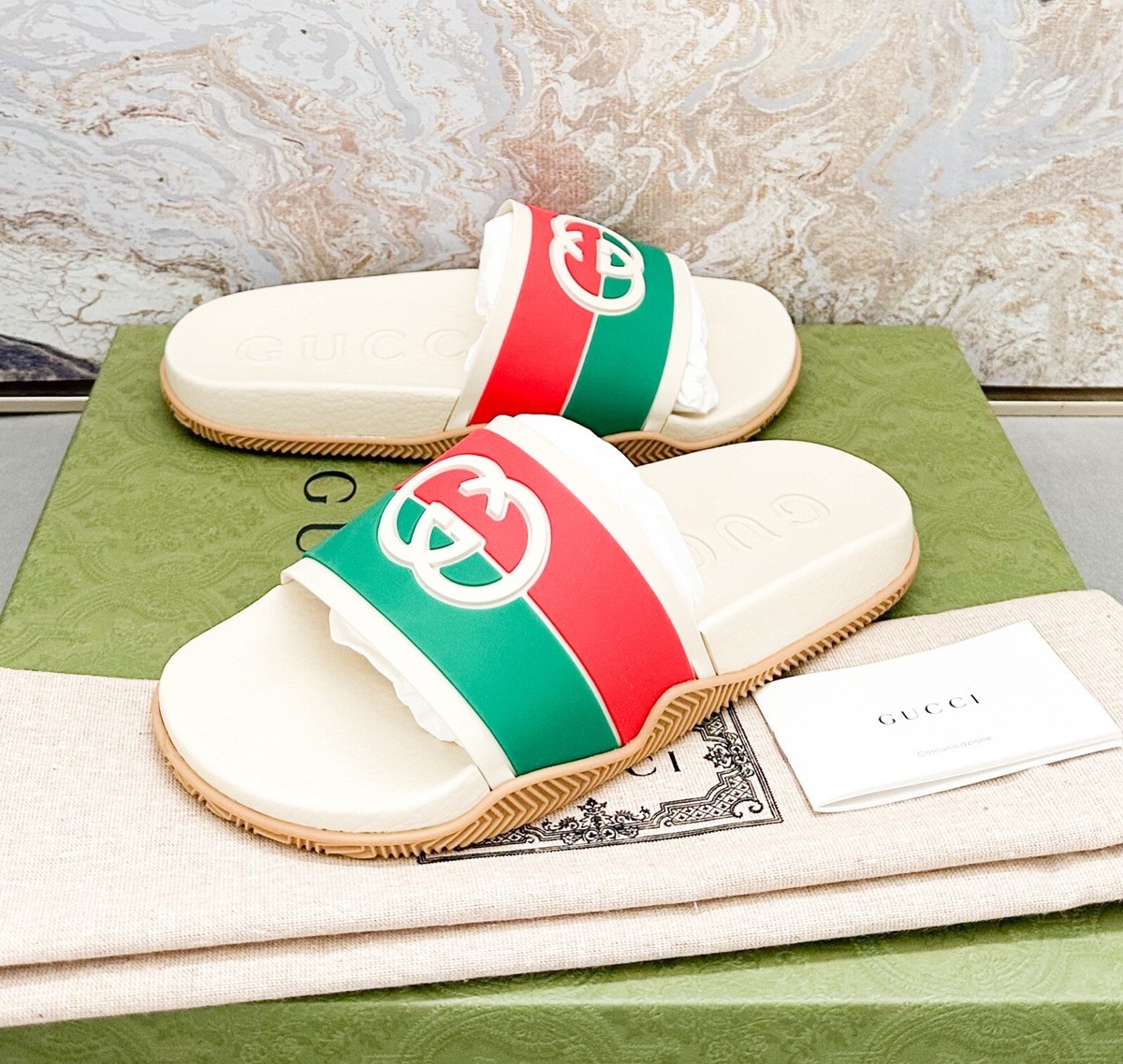 Gucci Rubber Web Interlocking G Slide Sandals | eBay