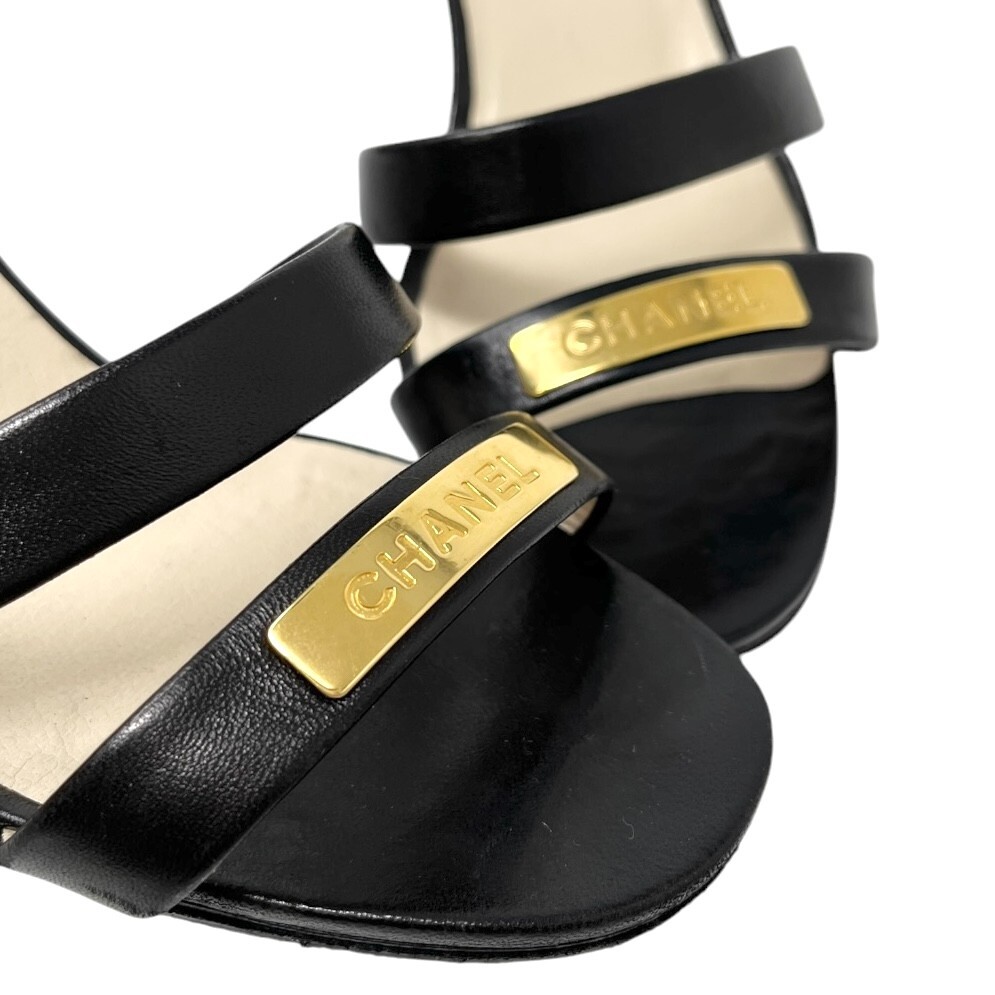 CHANEL Vintage 98P CC Logo Heels Mules Sandals #36.5-37 Black Gold