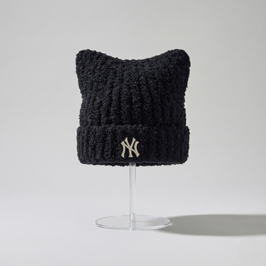 MLB Korea Plush Meow Beanie NY Yankees Black Cat Ear Hat Fuzzy