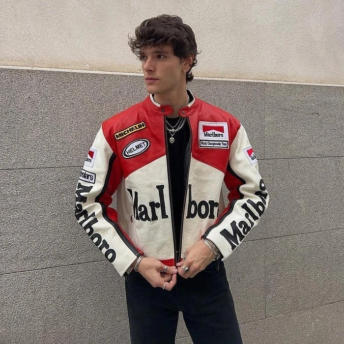 Vintage Marlboro Racing Leather Jacket Men's Motorcycle Biker Moto