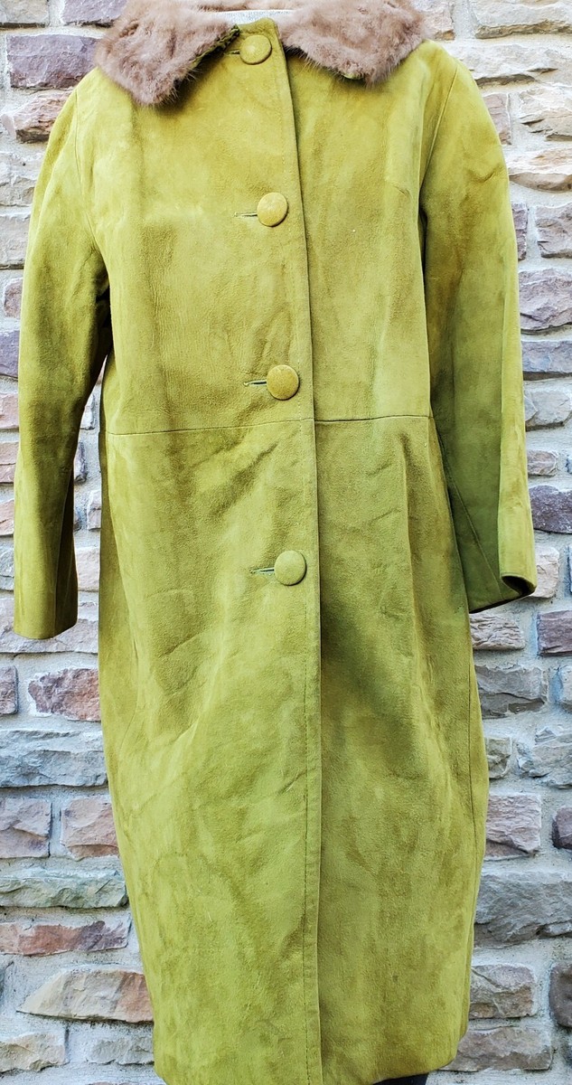 Vtg Suede Leather Coat Jacket With Real Fur Collar 1960s Mod Retro