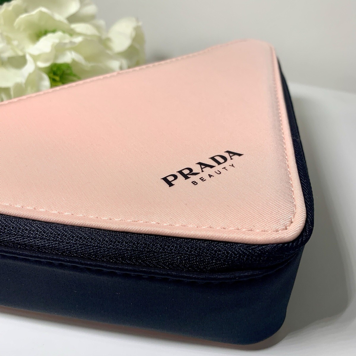 Prada Triangle Clutch Bag Cosmetic Pouch Pink & Black New with