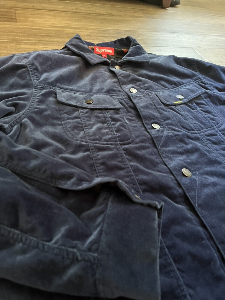 Supreme Velvet Trucker Jacket NAVY Sacred Hearts (FW17) Men's Size
