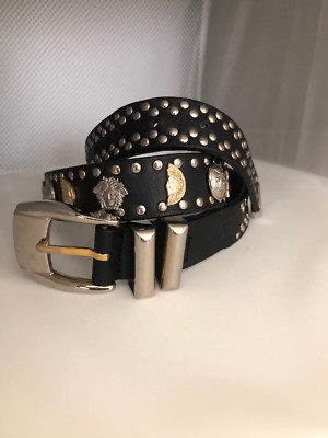 GIANNI VERSACE Black Leather BELT Gold Silver Tone STUDDED Size 34