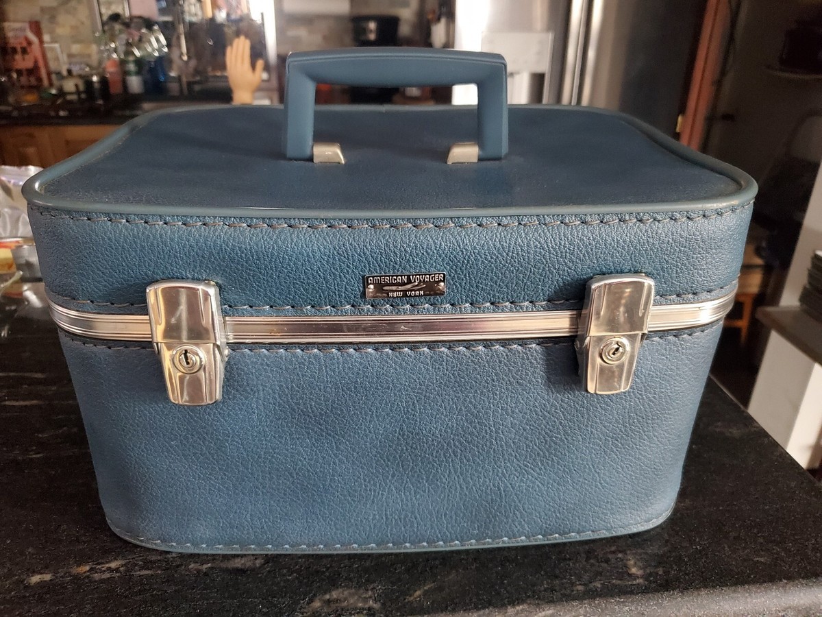 Vintage American Voyager Luggage Travel Train Makeup Case Blue 13