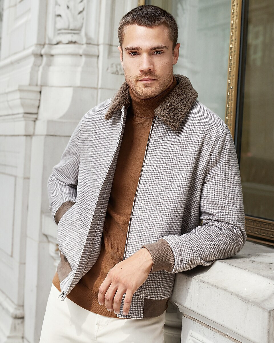 NEW EXPRESS $228 TAUPE HOUNDSTOOTH WOOL BLEND SHERPA COLLAR BOMBER