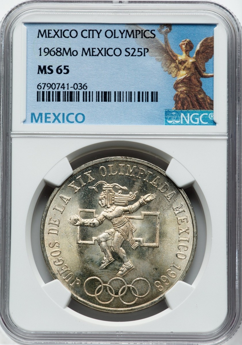 1968 Mexico Silver 25 Pesos NGC MS65 Olympic Games Aztec Dancer