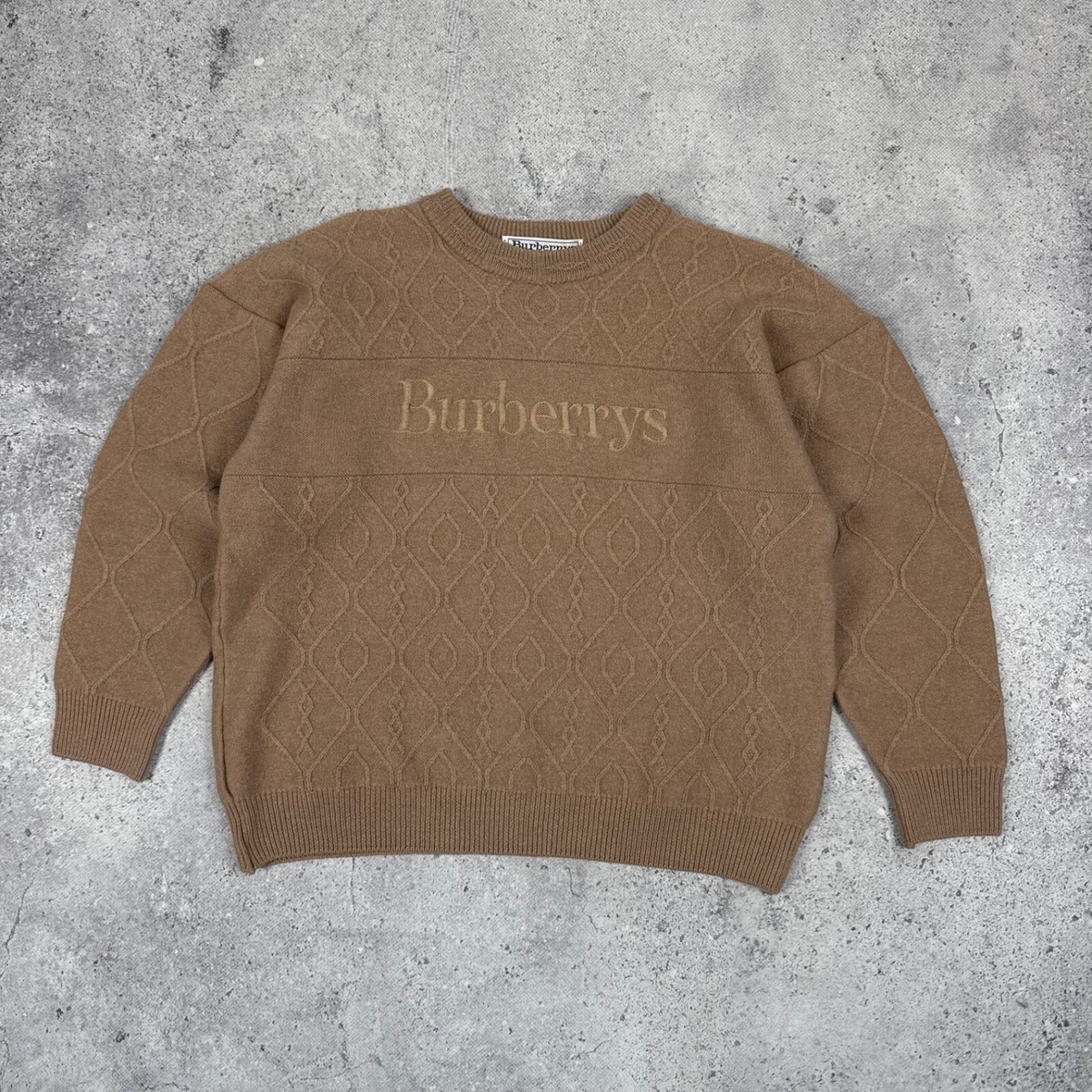 Vintage Burberrys Burberry Cable Knit Big Logo Wool Sweater Camel