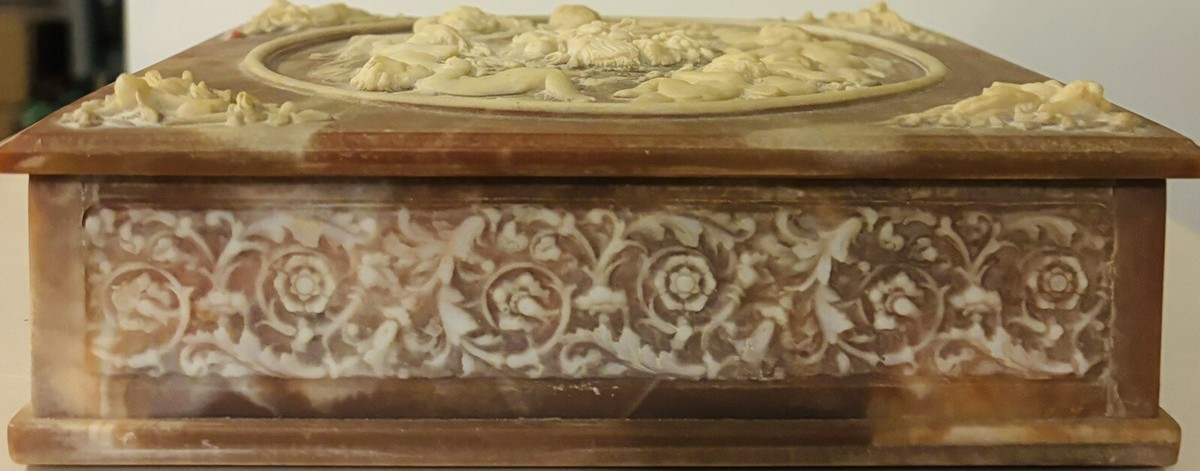 Vintage Incolay Stone Composite Jewelry Box With Tray Cherub