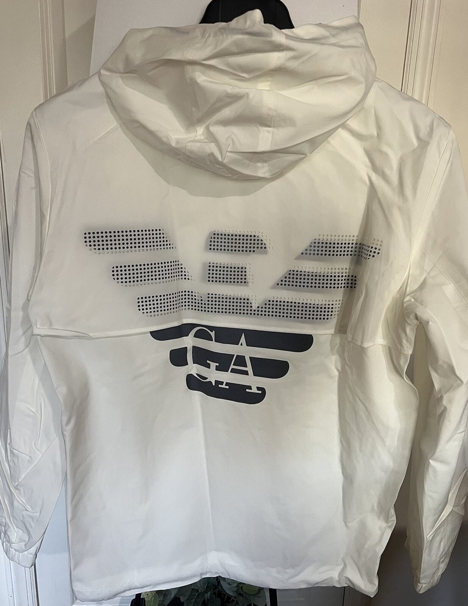 Giorgio Armani Men's Logo Print Hooded Blouson Jacket Size L White