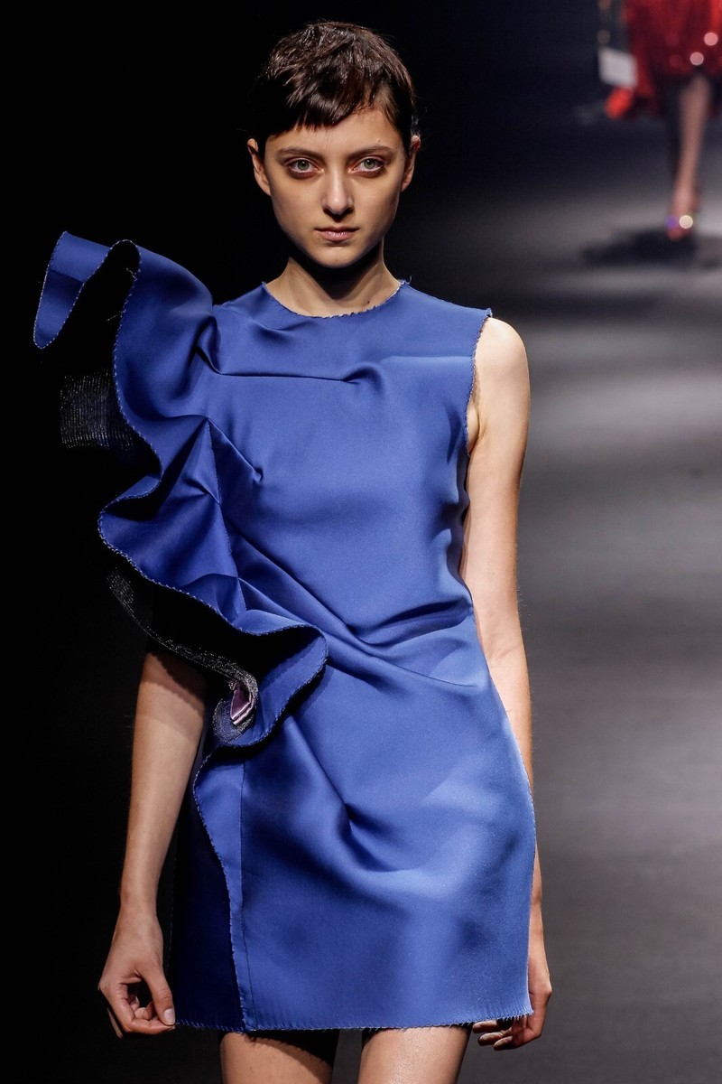 Lanvin $3190 Asymmetrical Shoulder Ruffle Blue Silk Satin Dress 40