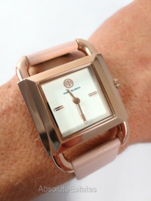Tory Burch Phipps Rose Gold Pink Leather Strap Watch TBW7205 Logo