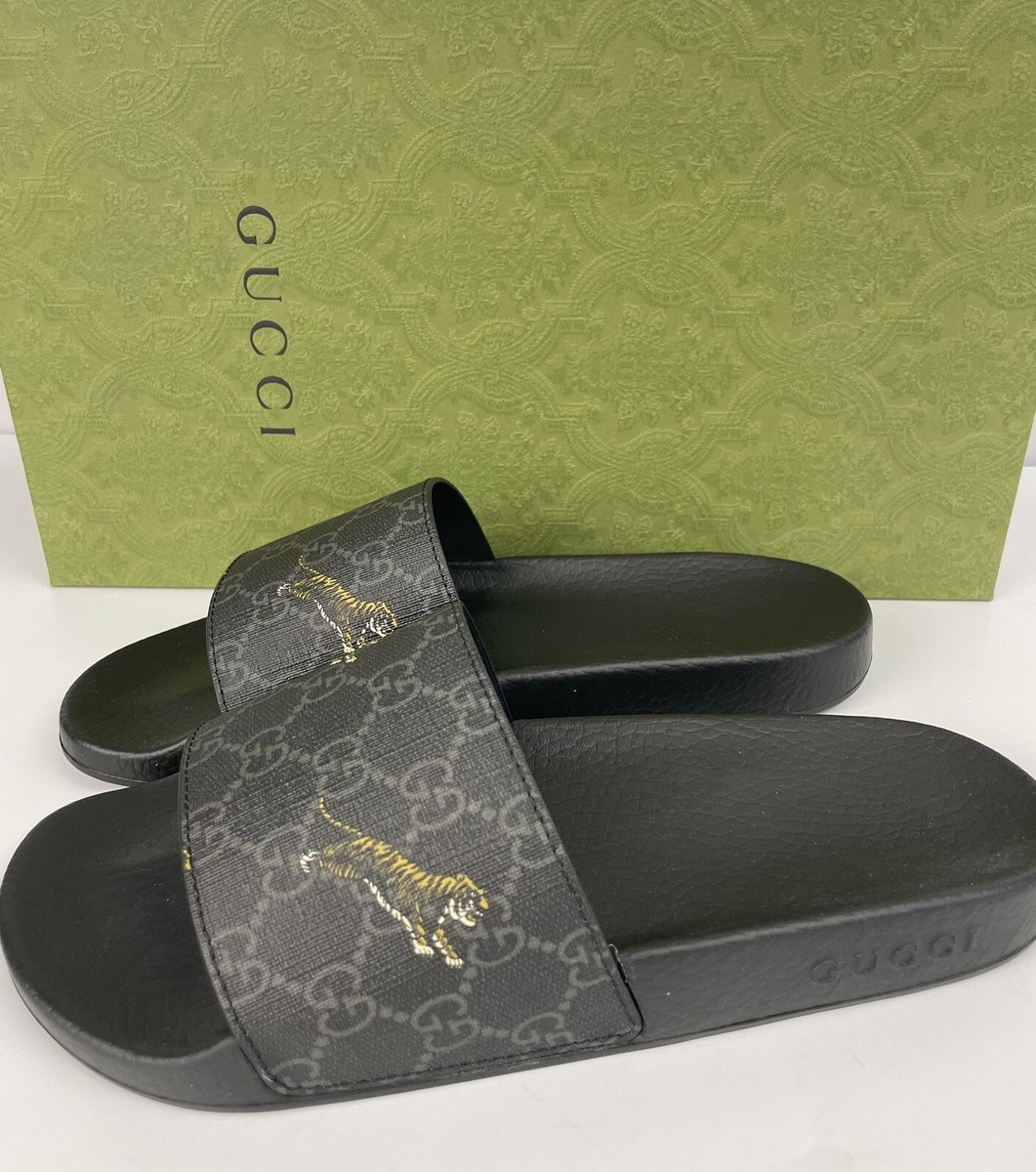 Gucci Men's GG Supreme Tiger Print Black Slides Sandals Size 6/US