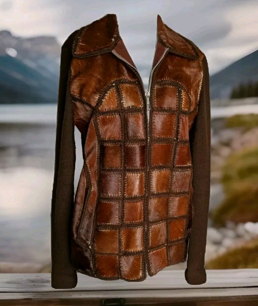 Leather Jacket Patchwork Vintage 70s Womens Cardigan Cowhide Zip