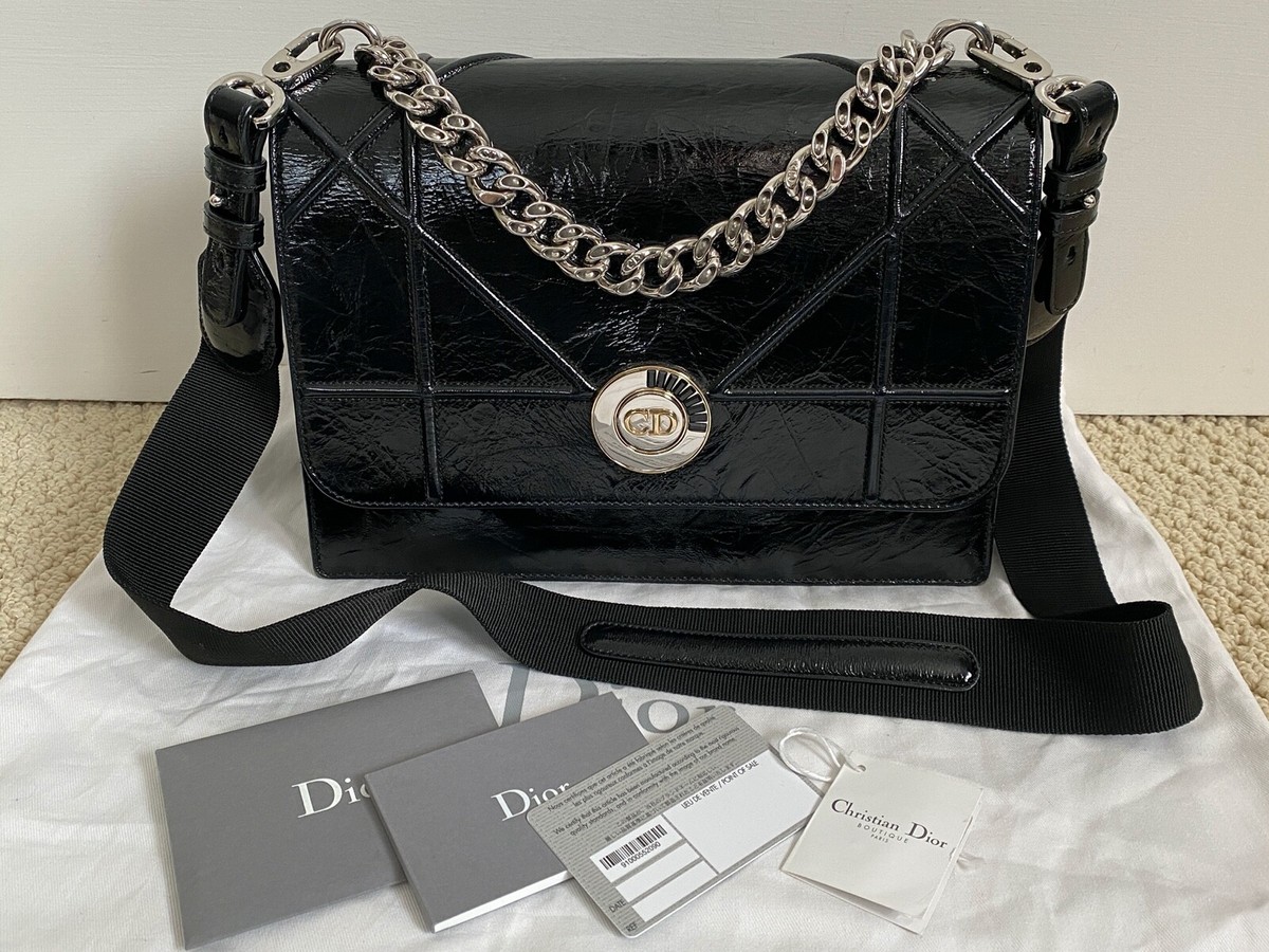 Christian Dior Diorama Black Crinkled Patent CD Flap Shoulder