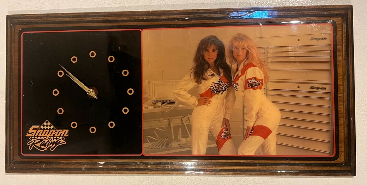 Vintage Snap-On Racing Lacquered Wood Clock with (2) girls in Fire