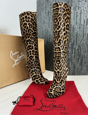 Authentic Christian Louboutin Fifi Botta 100 Leopard Pony 50S Knee