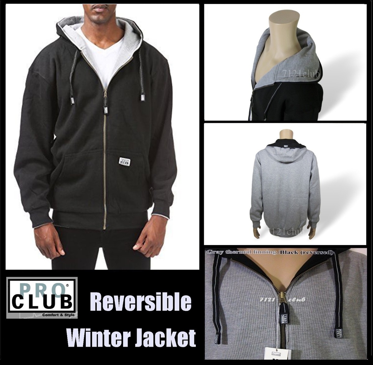 PRO CLUB HOODIE ZIP UP PULLOVER MENS THERMAL FLEECE JACKET