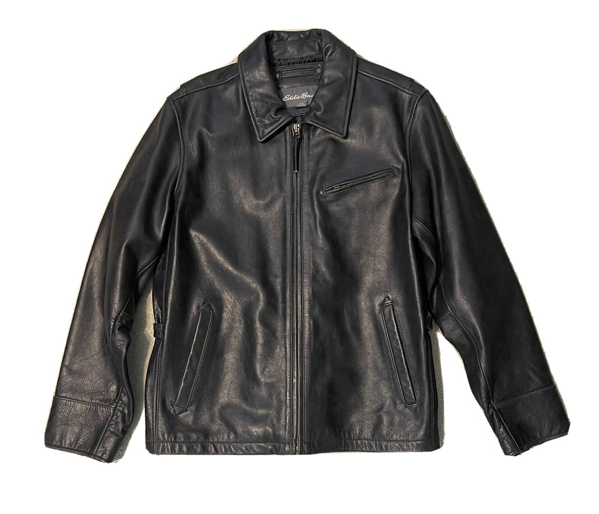 EDDIE BAUER Black Distressed Full Zip Leather Jacket Mens Size Lg