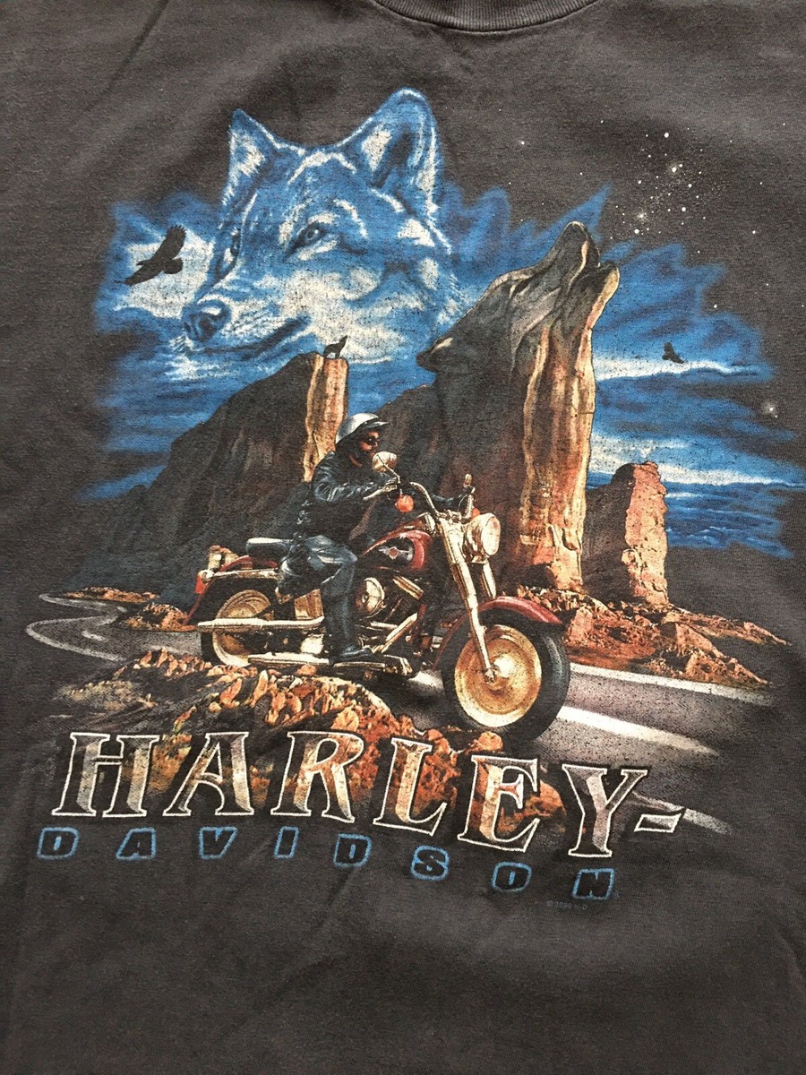 Vintage 90s Harley Davidson Wolf Western T Shirt Sz L Distressed