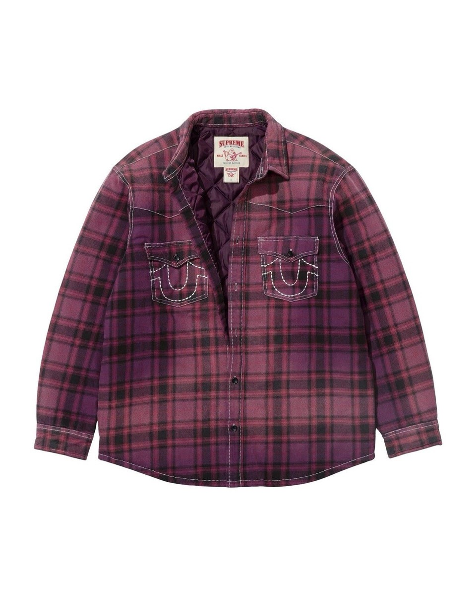 SUPREME®/TRUE RELIGION® QUILTED LINED PLAID FLANNEL SHIRT PURPLE
