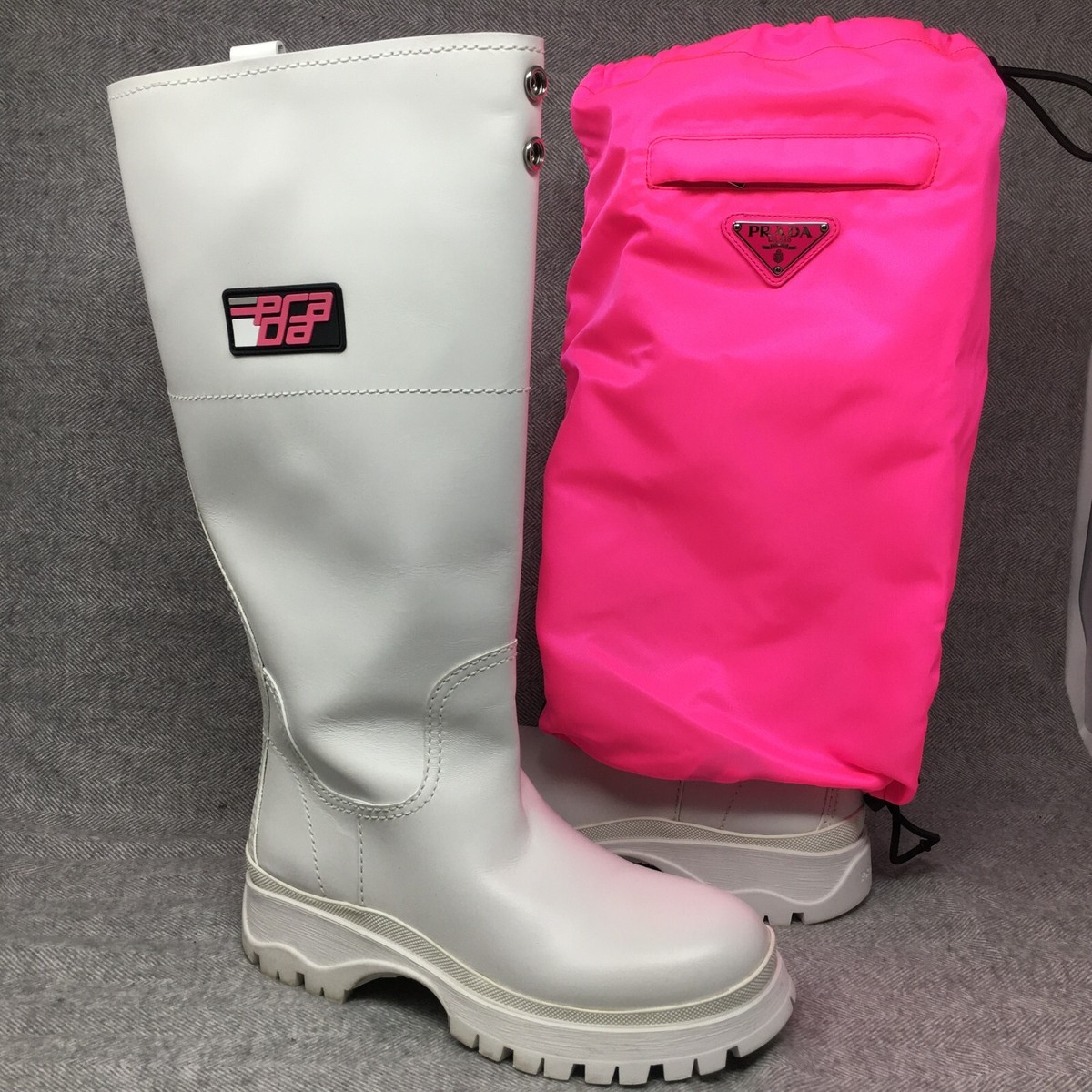 Prada Tall Rain Boots Shoes Womens Size 6 US 36 EU White Pink