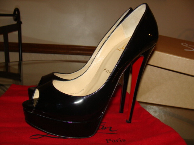 CHRISTIAN LOUBOUTIN LADY PEEP 150 PATENT CALF HEELS BLACK 39.5 EU
