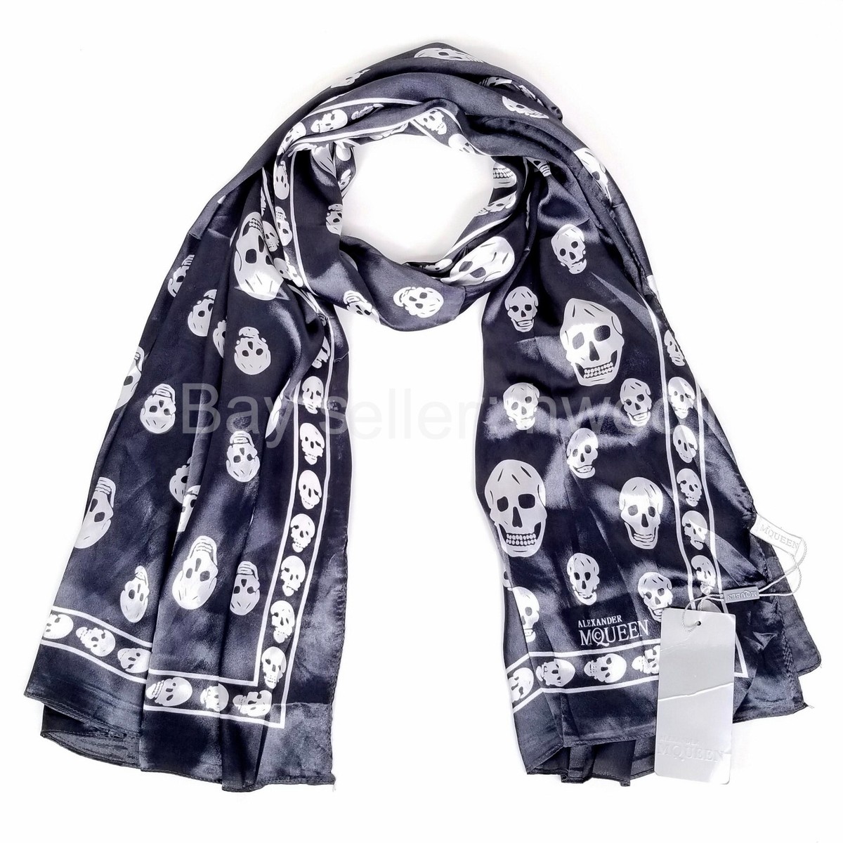 Alexander McQueen Black White Skull Pattern Silk Scarf, Clean