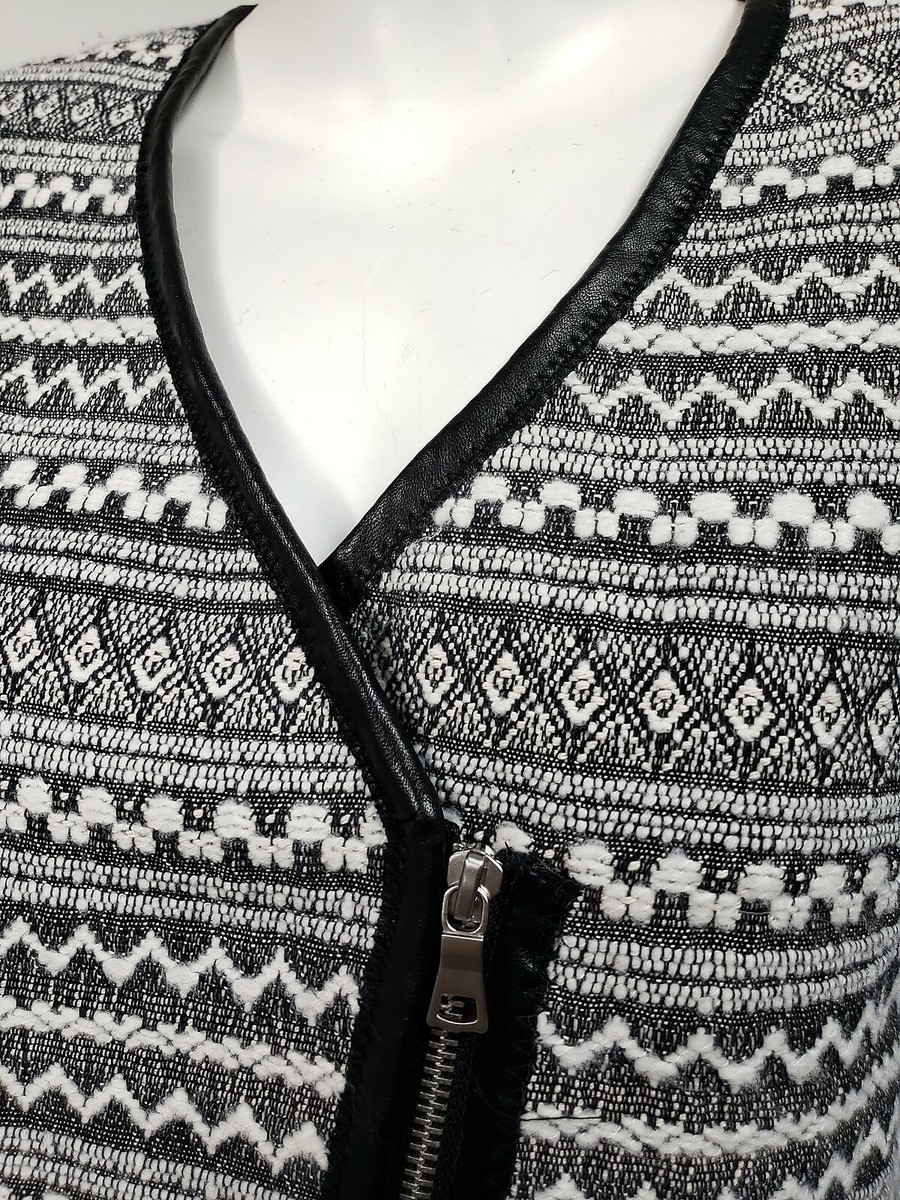 REBECCA TAYLOR Black White Boucle Detail Leather Trim Zip Front