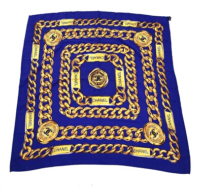 vintage Chanel Metallic Blue Gold Chain Link Silk Scarf Chain