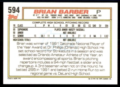 1992 Topps Baseball #594 Brian Barber Rookie | eBay