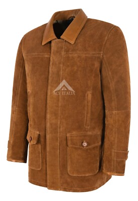 Men's Leather Car Coat Tan Suede Classic Tailored Soft 100% Suede