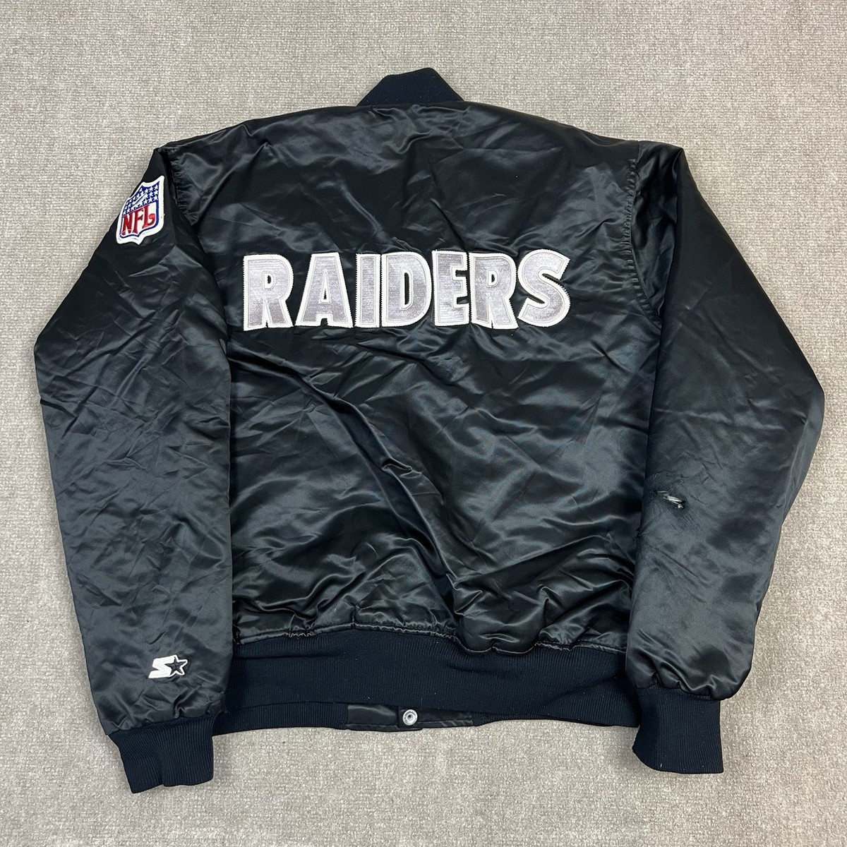 Vintage 90s Starter Oakland Raiders Satin Bomber Jacket Mens Large
