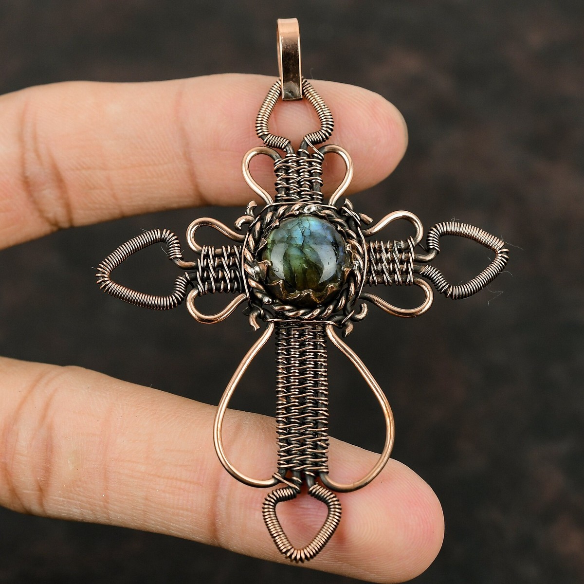 Labradorite Wire Wrapped Cross Pendant Handcrafted Copper Ethnic