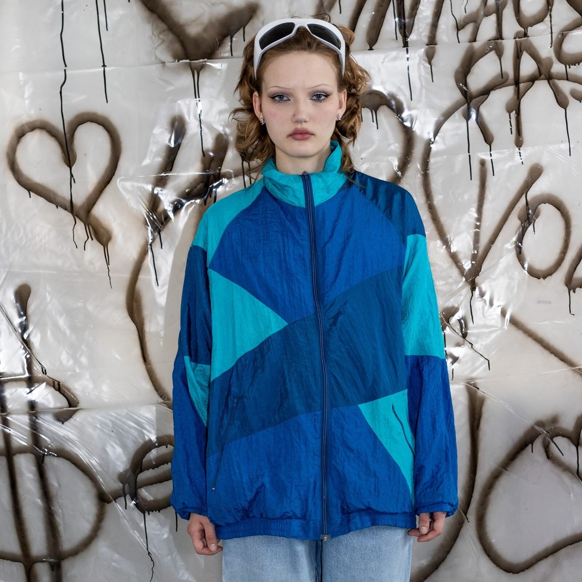 Vintage 90's colorblock retro track jacket in blue tones | eBay