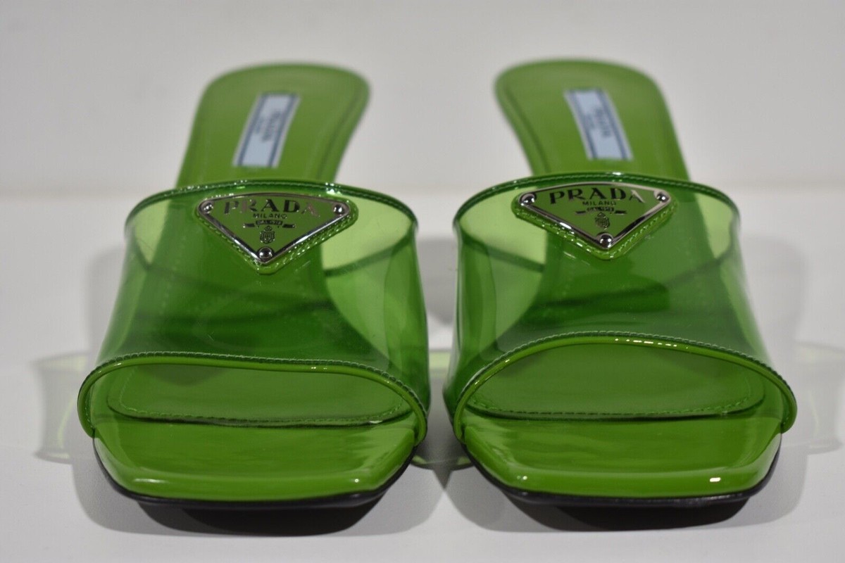 Prada Plexiglas Green PVC Patent Leather Backless Sandal Mule Heel