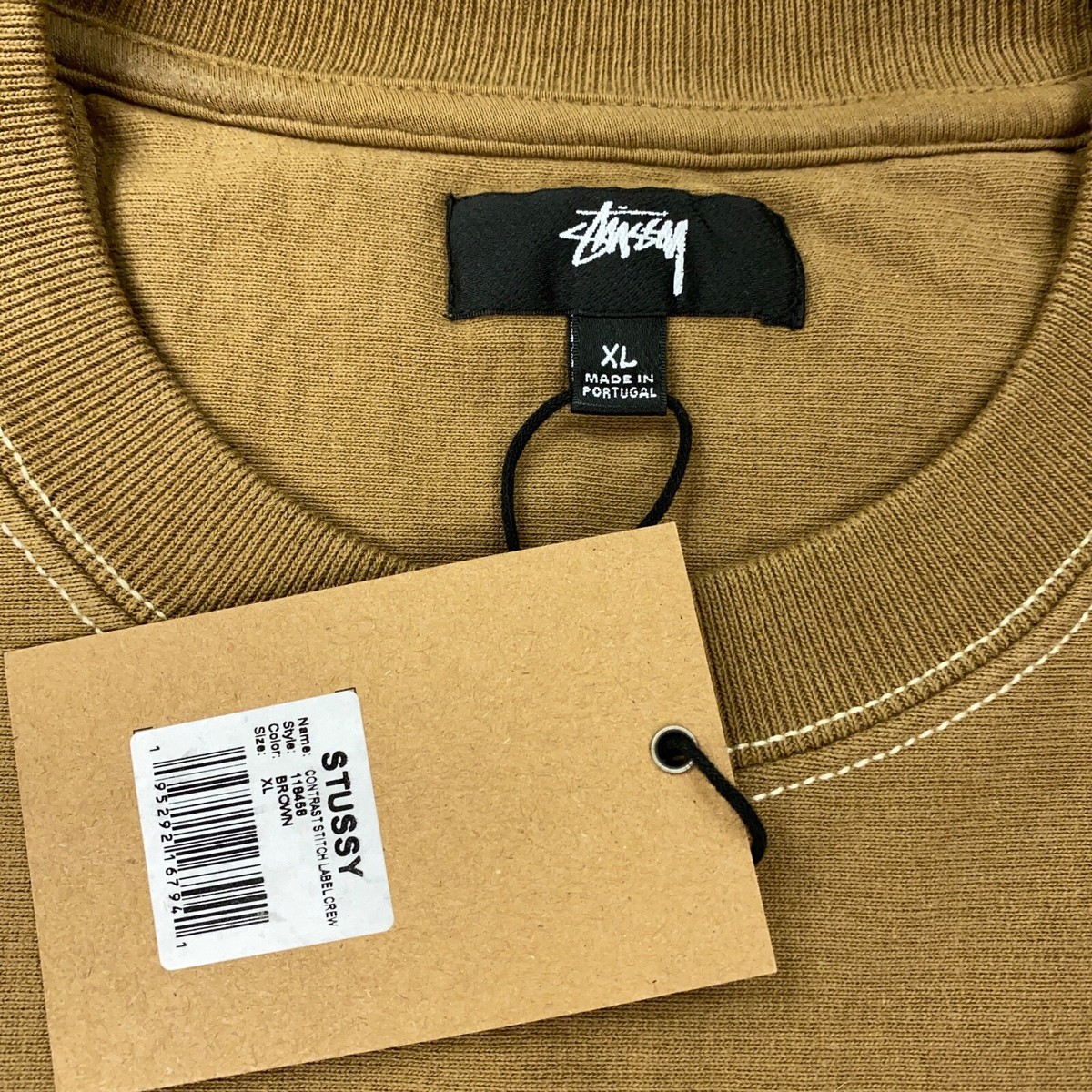 Stussy Contrast Stitch Label Crew Mens XL Brown Sweatshirt NWT | eBay