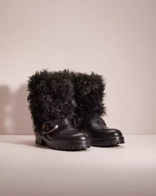 New COACH Leighton Shearling Lamb Fur Black Moto Boots, Size 6