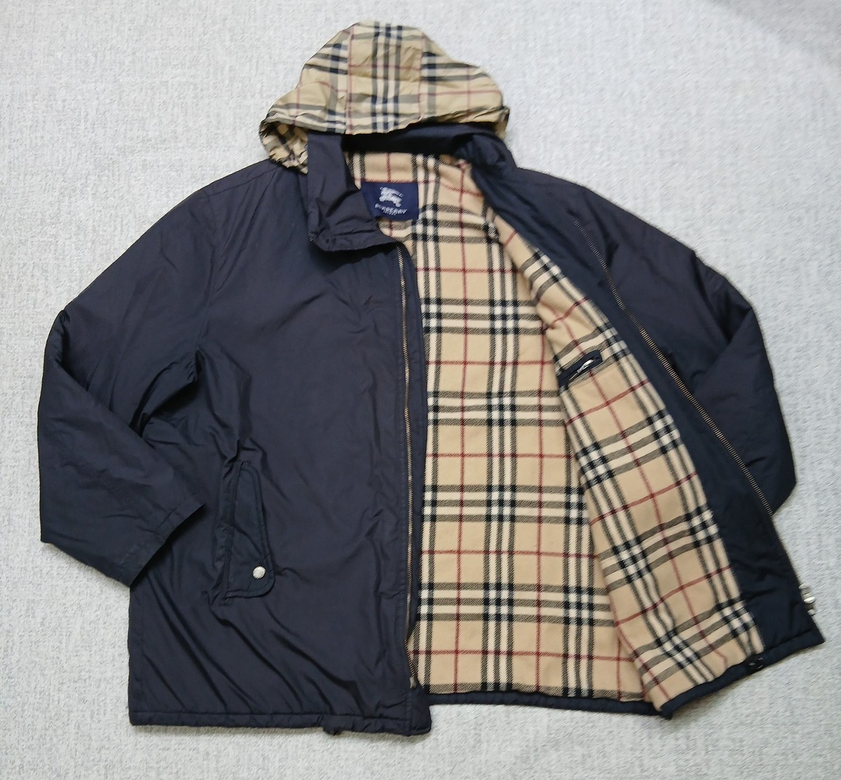 Burberry London Hooded Winter Jacket Blue Nova Check Wool Lined