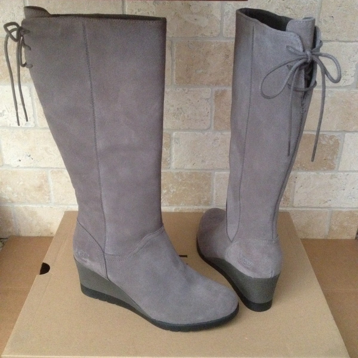 UGG Dawna Grey Waterproof Suede Lace Bow Wedge Knee High Boots