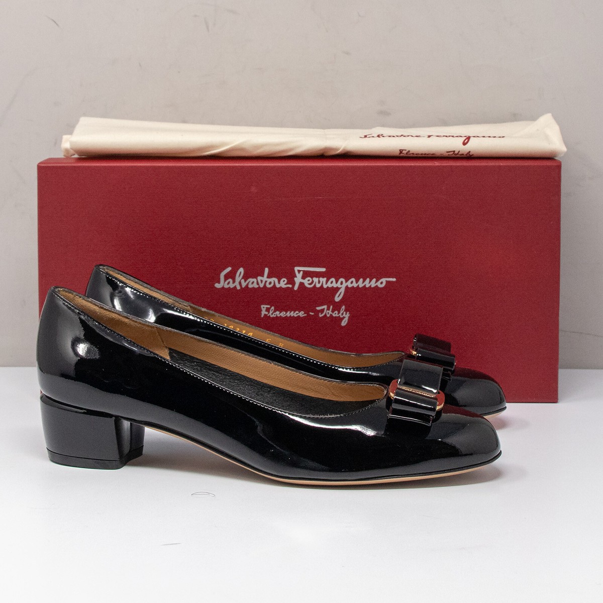 Salvatore Ferragamo Vara Black Patent Leather Heels, Size 6 B | eBay