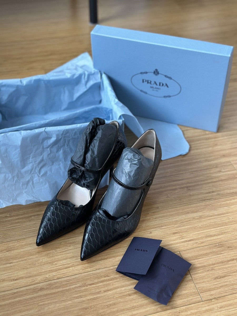 PRADA Mary Jane St. Coco Black Pumps Pointed Toe Croc Calzature