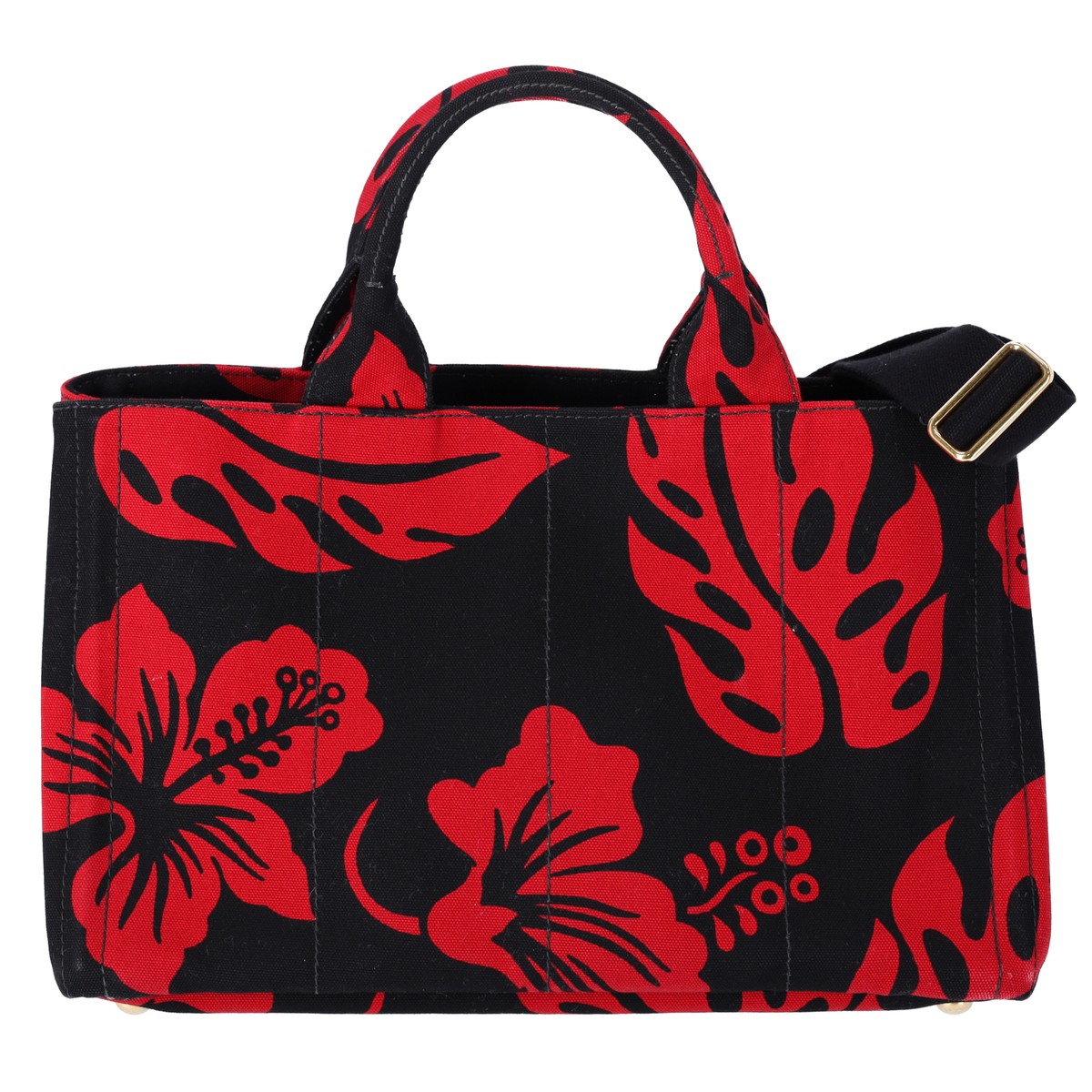 PRADA Canapa Tote Bag Black Red Canvas Leaves Print | eBay